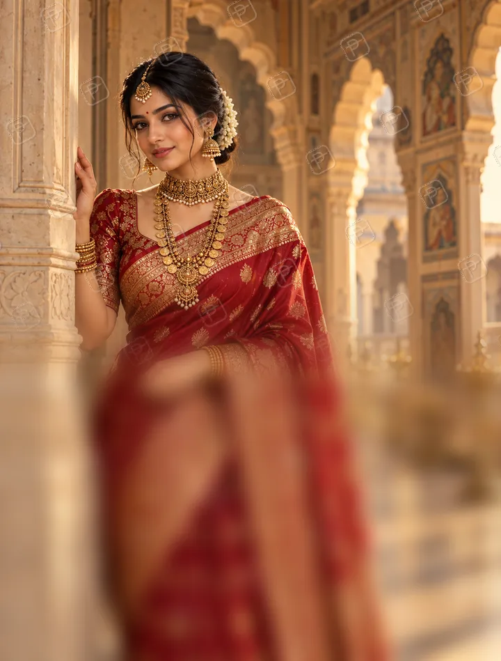 Red Banarasi Silk Saree Portrait in a Heritage Haveli