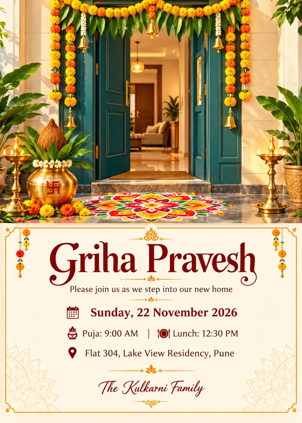 Griha Pravesh Housewarming Invite with Kalash and Toran