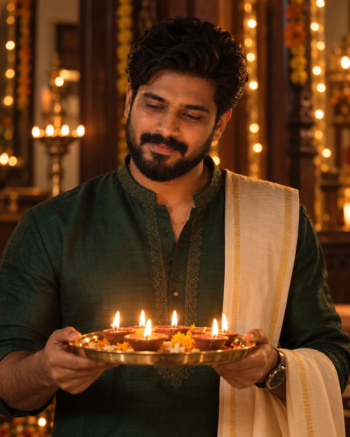 Festive Kurta Diya Thali Portrait with Cinematic Glow