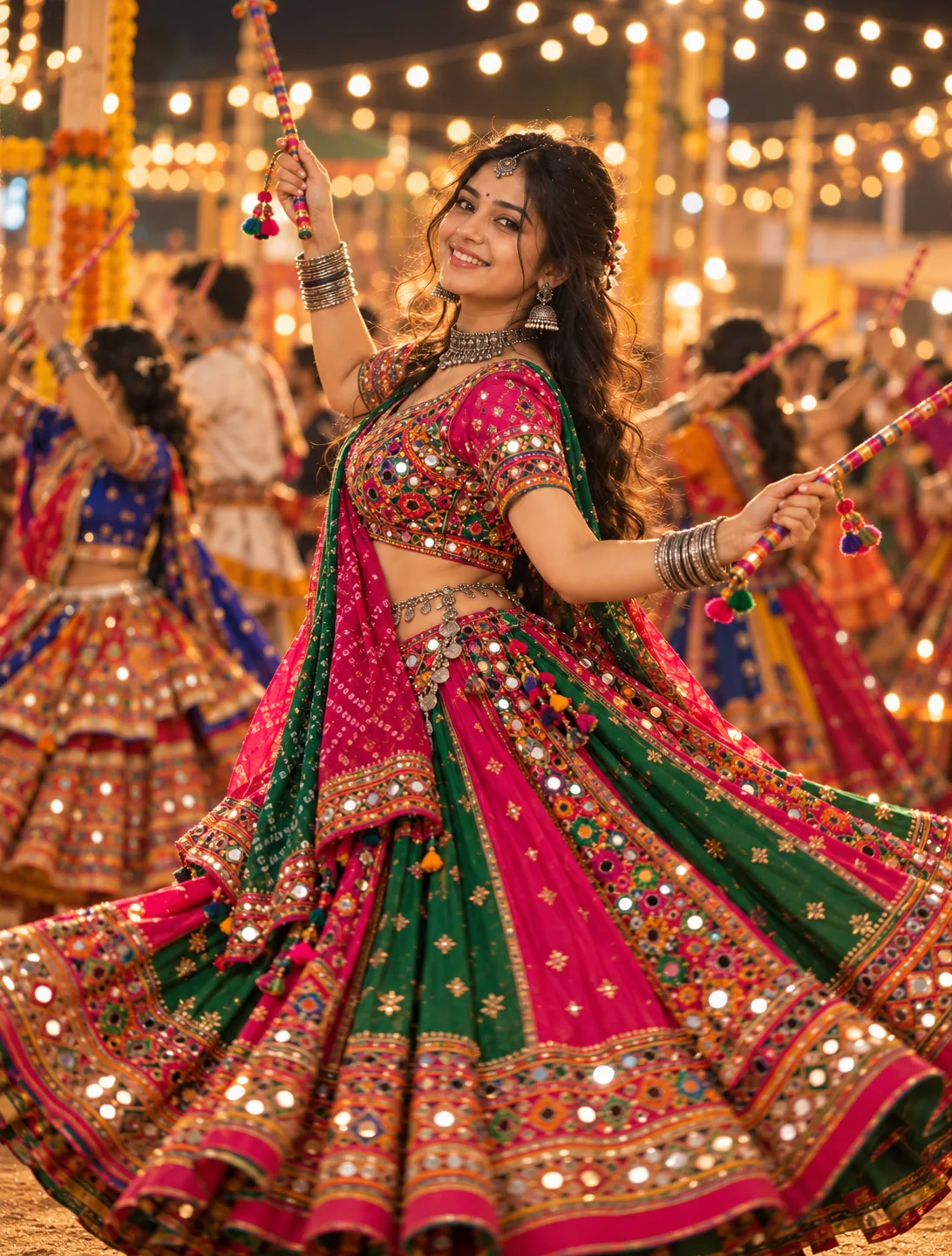 Mirror-Work Chaniya Choli Garba Portrait Under Festoon Lights