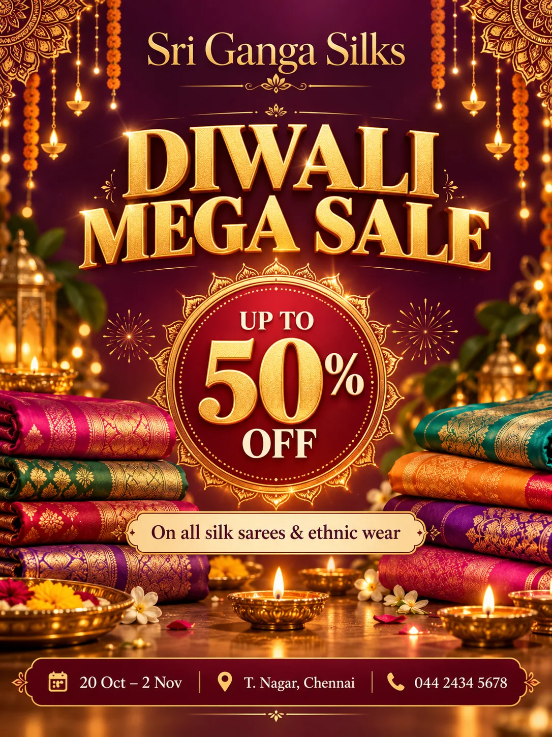 Diwali Mega Sale Poster with Silk Sarees