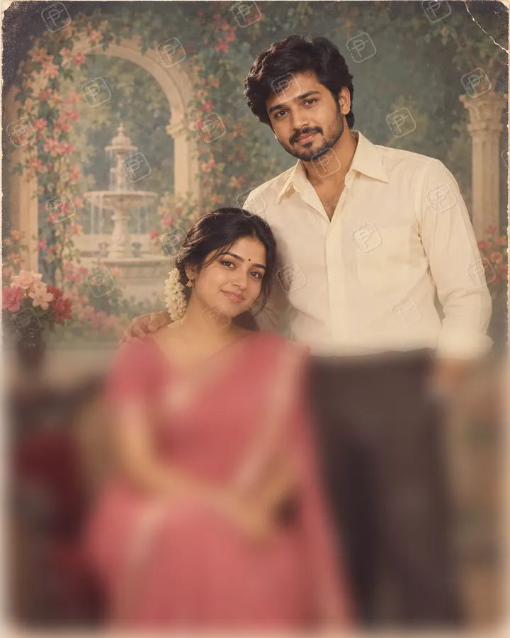 Retro Couple Studio Portrait with Soft Vignette