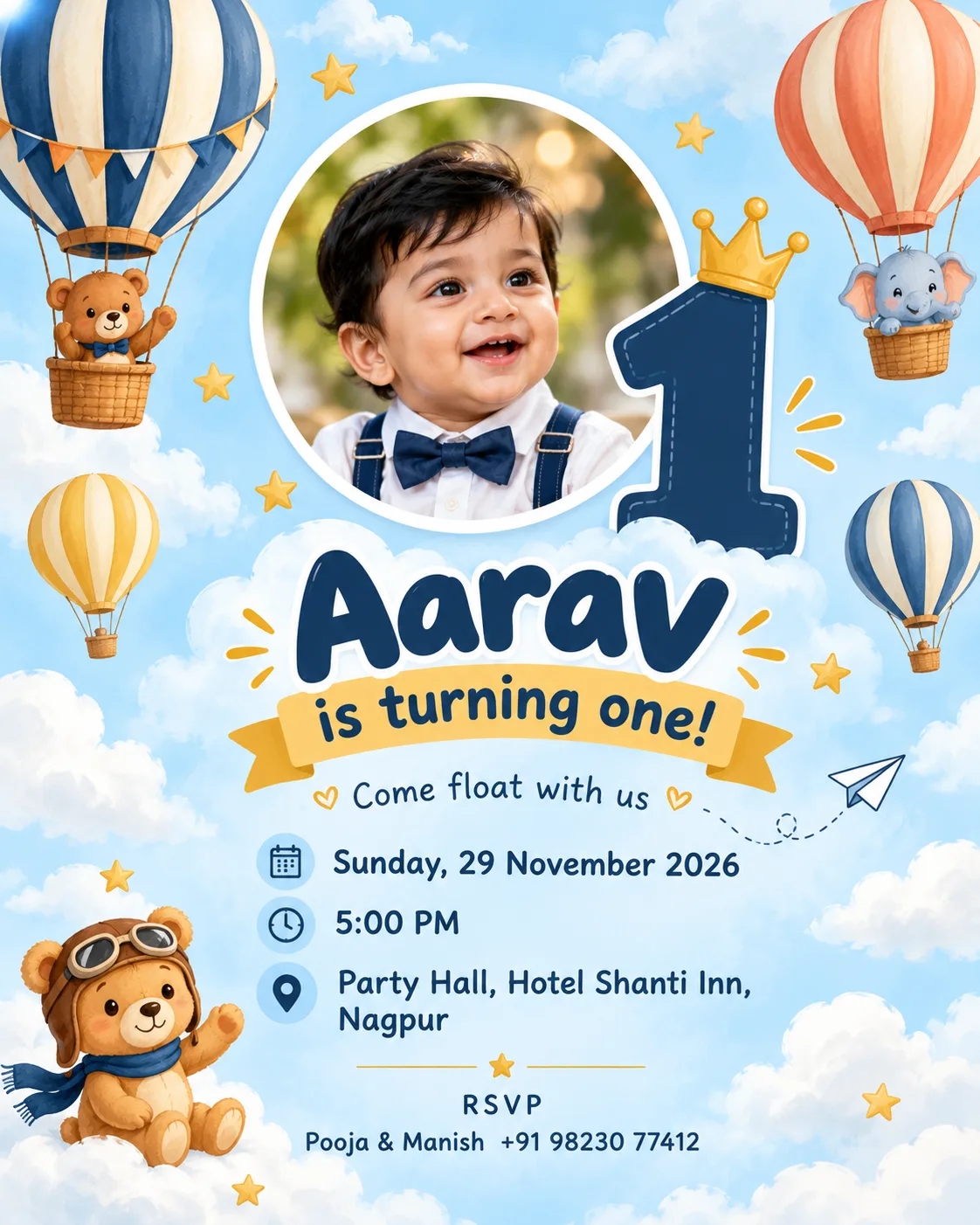 First Birthday Invite for Baby Boy with Hot Air Balloons