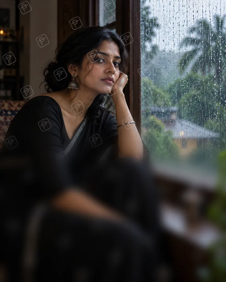 Black Saree Monsoon Window Portrait with Moody Rain Light