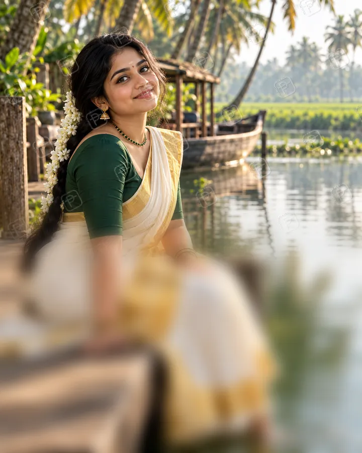 Kerala Kasavu Saree with Jasmine at the Backwaters