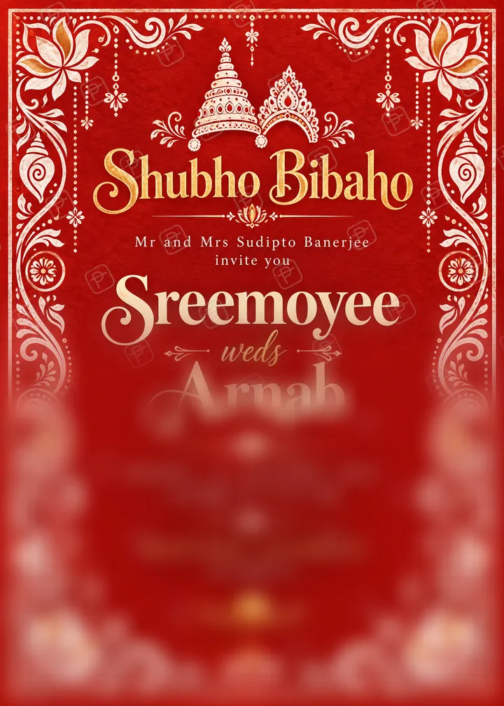 Bengali Biye Invitation with Red and White Alpona