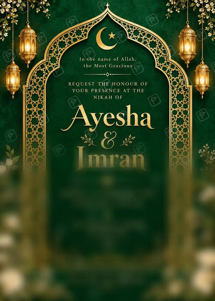 Emerald and Gold Nikah Invitation Set with Schedule Card