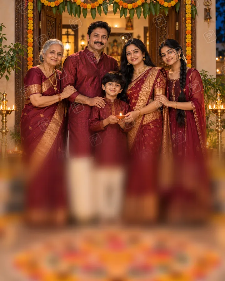 Family Diwali Portrait at the Decorated Doorway