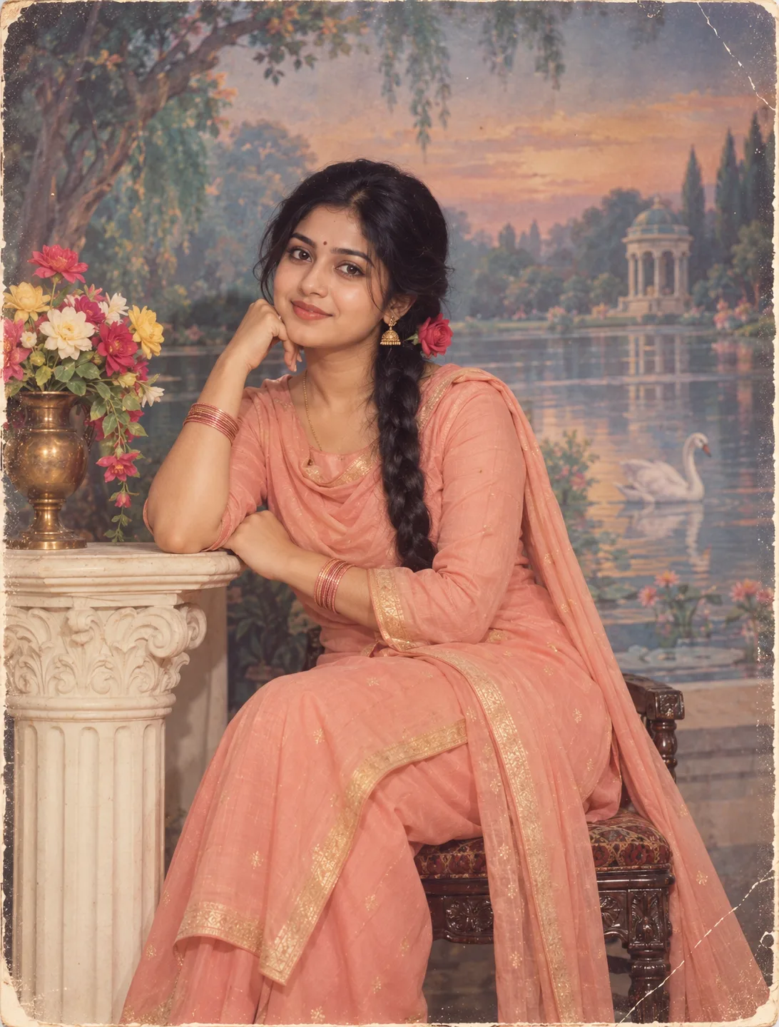 80s Indian Photo Studio Portrait with Painted Backdrop