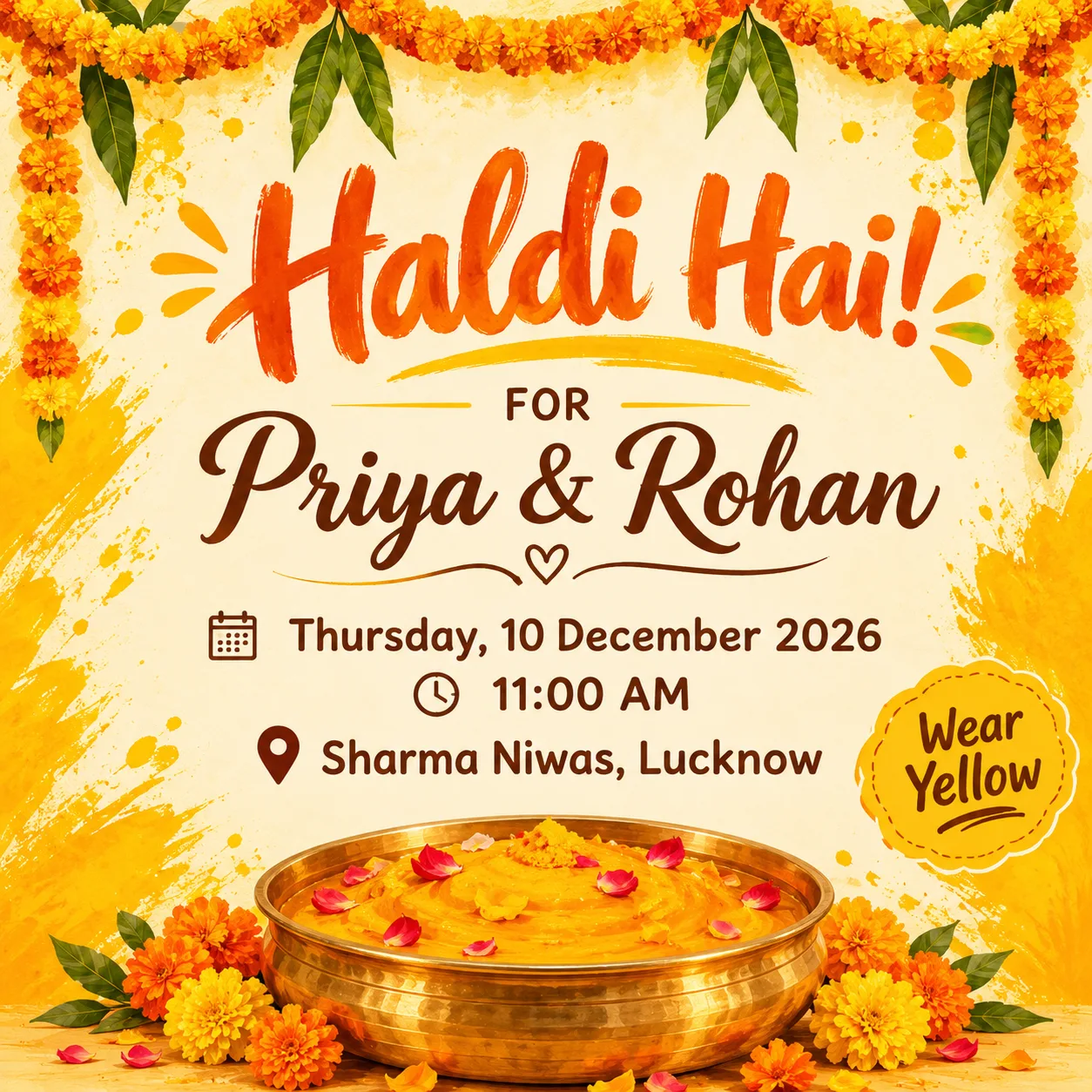 Haldi Ceremony Invite with Marigolds and Turmeric Splash