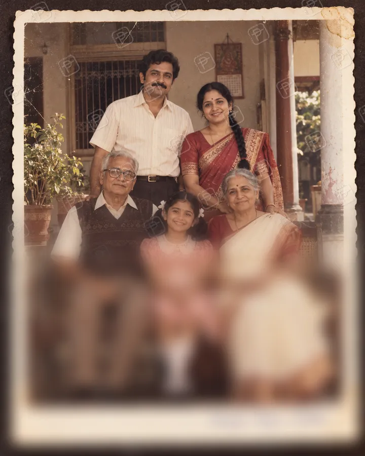 80s Family Album Photo with Sepia Fade and Scalloped Border