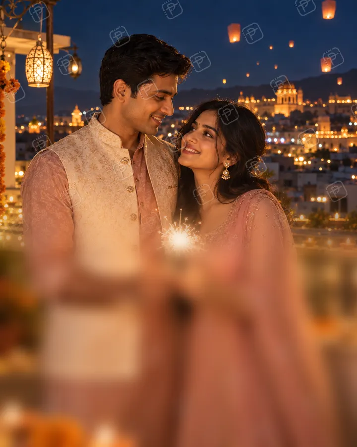 Diwali Terrace Couple Portrait with Sky Lanterns