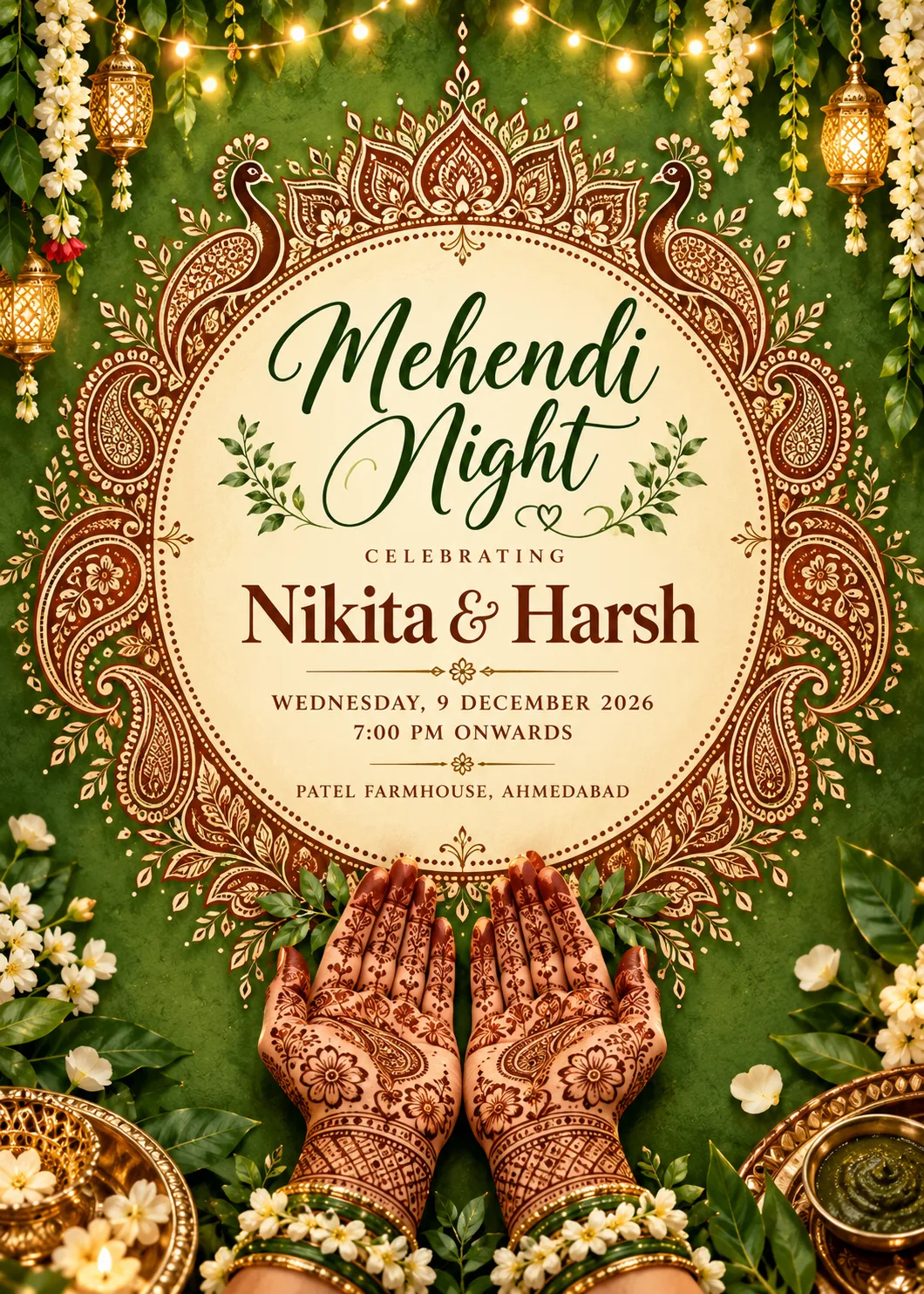 Mehendi Night Invite with Henna Mandala and Green Leaves