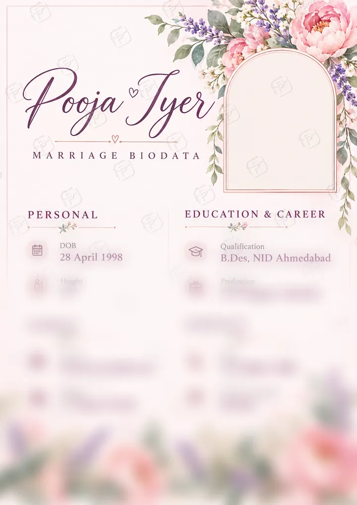 Pastel Floral Bride Biodata with WhatsApp Share Card